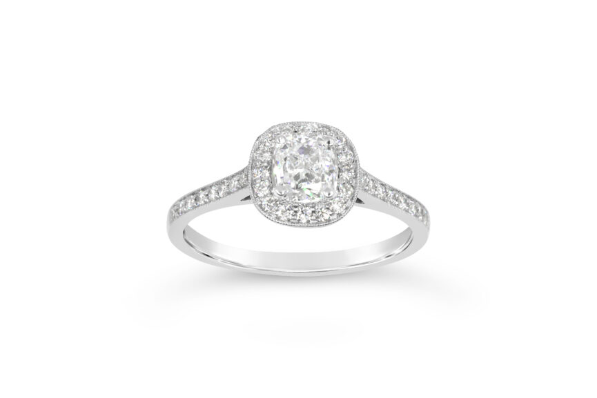 CUSHION DIAMOND SURROUND RING PAVE M/G RING