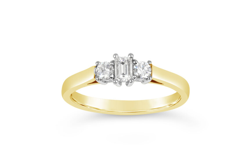 Emerald Cut & 2 Round stone Diamond Ring