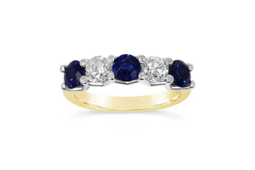 V SHAPED SAPPHIRE & DIAMOND 5 STONE RING
