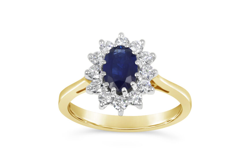SAPPHIRE OVAL 12 DIAMOND CLUSTER RING