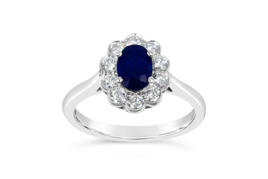 SAPPHIRE OVAL 10 DIAMOND CLUSTER RING