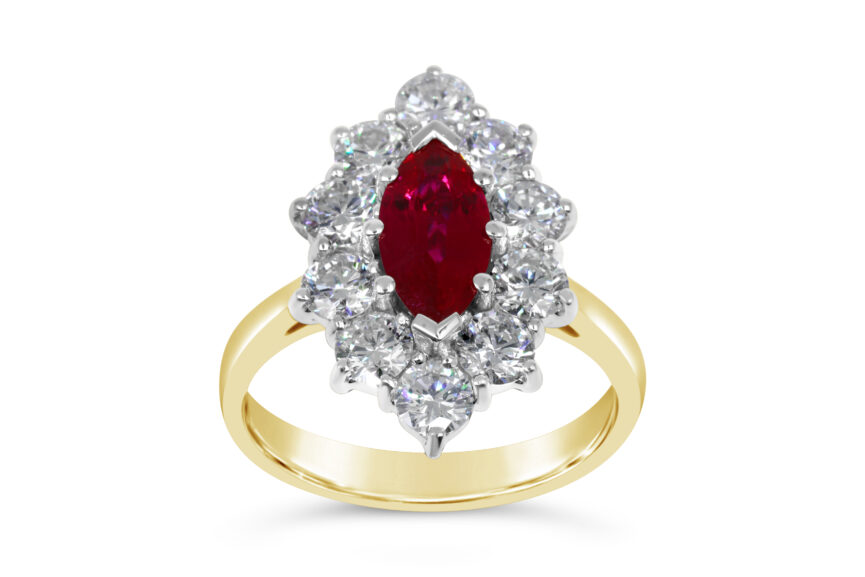RUBY MARQUISE 10 DIAMOND CLUSTER RING